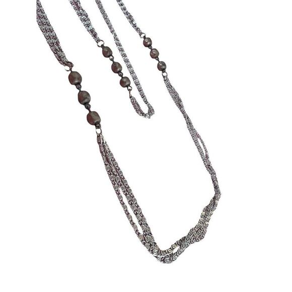 Vintage 55" Three Strand Beaded Necklace Silver Tone Chain Champagne Beads - Picture 6 of 13
